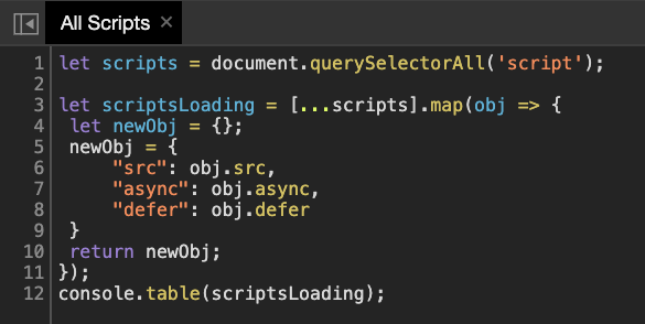 Showing a custom snippet in Chrome Dev Tools, specifically, a piece of JavaScript that finds all scripts and displays their src, async and defer values using console.table