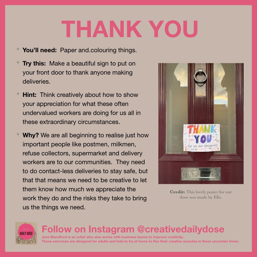creativedailyd1's tweet photo. Today’s creative suggestion is a simple one. Make a sign for your front door to thank the people who are working so hard (at risk to themselves) to bring us our post, empty our bins, deliver us milk, food and parcels.  Let’s all say a big thank you... https://t.co/kZAeNiJ567