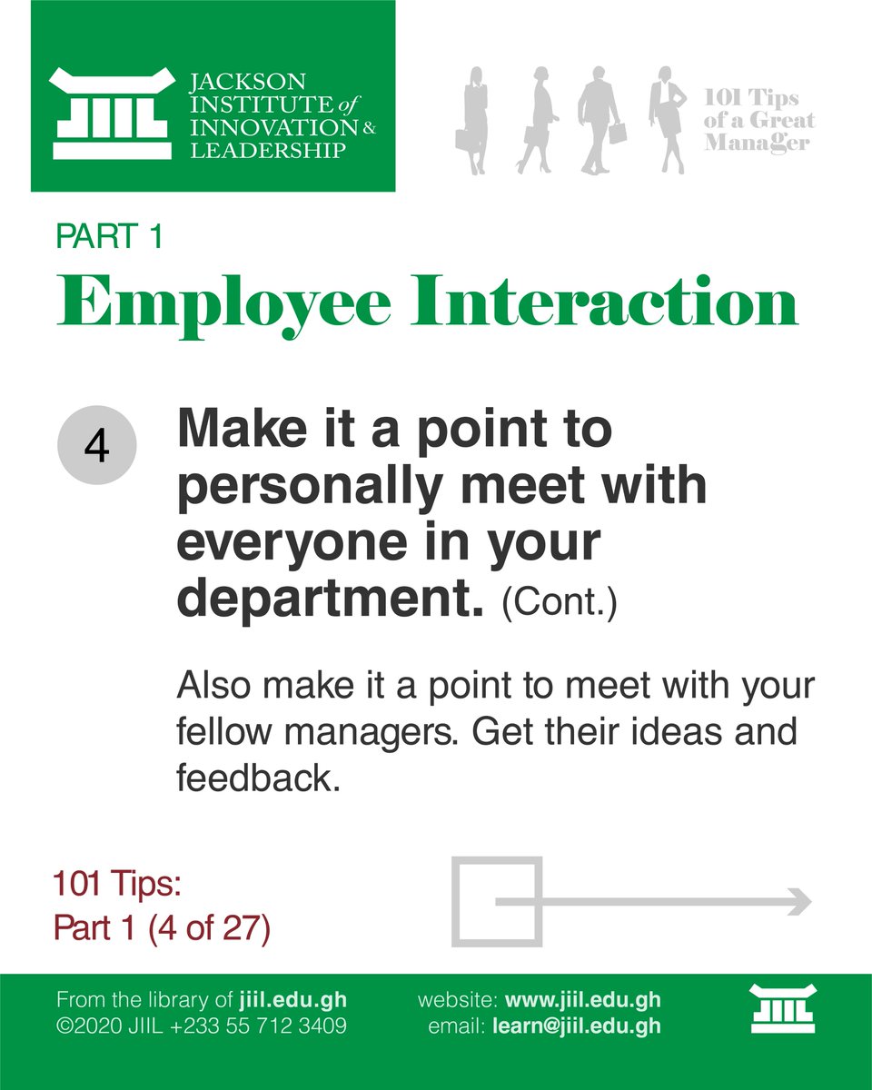 JiilEduGh's tweet photo. 101 Tips of a Great Manager
#Tip4 #Slide4
#PersonallyMeetAllTheStaff
#101Tips #Manager #Employee #GreatManager #Leader #JIIL #LearnatJIIL #EmployeeInteraction #employer #workplace #LeadershipLessons #EmployeeEngagement #staff #StaffMeeting #OneOnOne https://t.co/8DTepBsG22