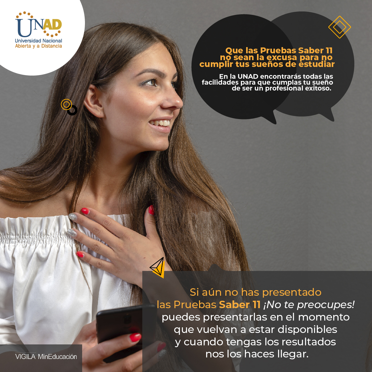 No pauses tus sueños, matricúlate en la UNAD y estudia virtual💻.
Si aún no has presentado las Pruebas Saber 11🙋 ¡No te preocupes! Puedes presentarlas en el momento que vuelvan a estar disponibles y cuando tengas los resultados nos los haces llegar.
👉 bit.ly/34e7I0l