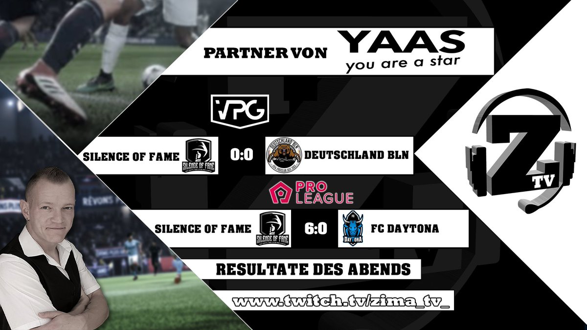 +++ 4 Punkte für SoF +++

@SilenceofFame trennt sich in der <a href="/VPGDeutschland/">VPG Deutschland</a> von <a href="/BlnDeutschland/">Deutschland BLN</a> mit einem 0:0. Gegen den #Fcdaytona kommt man in der <a href="/proleaguede/">ProLeague DE</a> zu einem 6:0 Kantersieg.

Wiederholung twitch.tv/videos/5849836…

#fifa #fifa20 #Community #ProClubs #StayHome