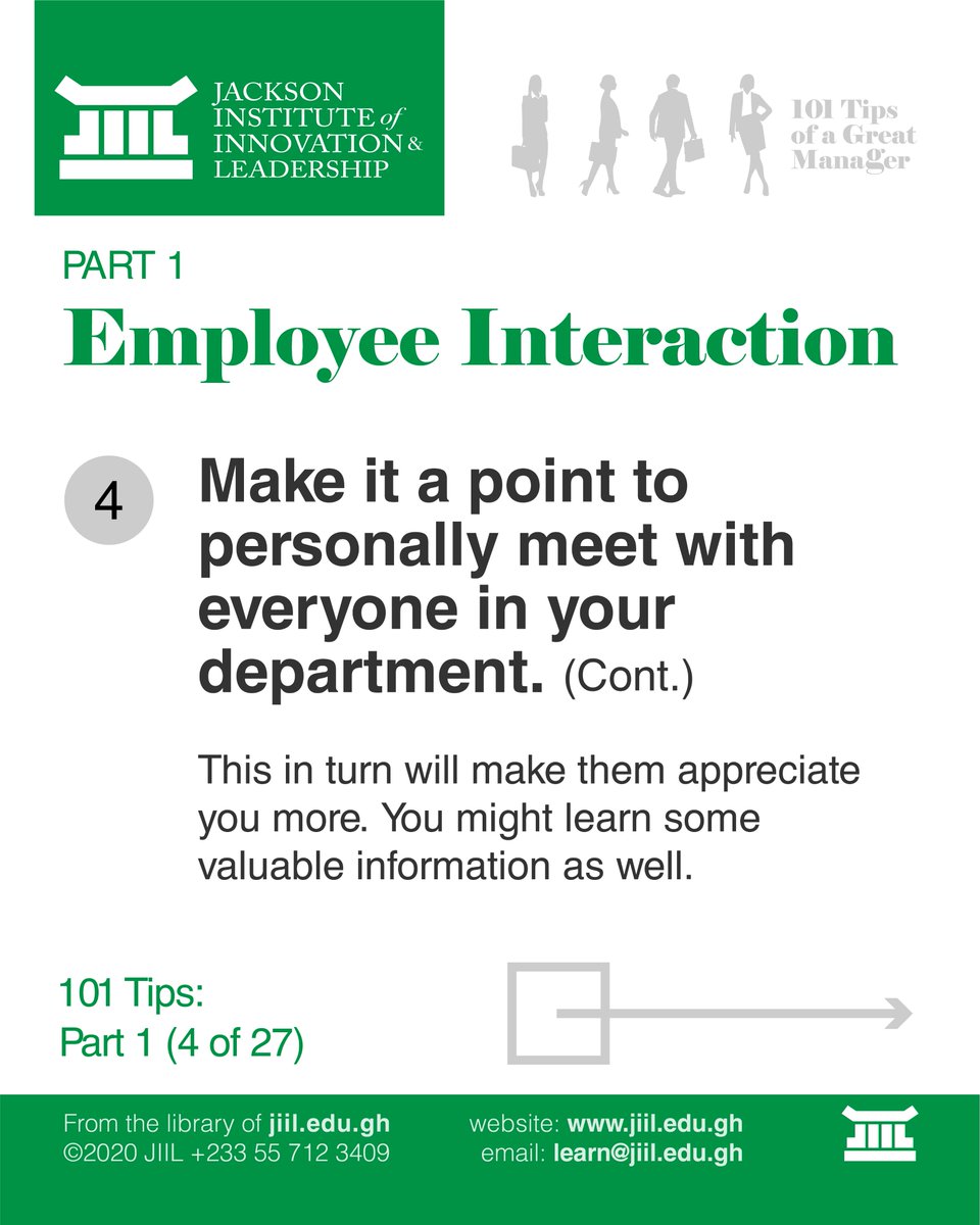 JiilEduGh's tweet photo. 101 Tips of a Great Manager
#Tip4 #Slide6
#PersonallyMeetAllTheStaff
#101Tips #Manager #Employee #GreatManager #Leader #JIIL #LearnatJIIL #EmployeeInteraction #employer #workplace #LeadershipLessons #EmployeeEngagement #staff #StaffMeeting #OneOnOne https://t.co/KhixVwxVu2