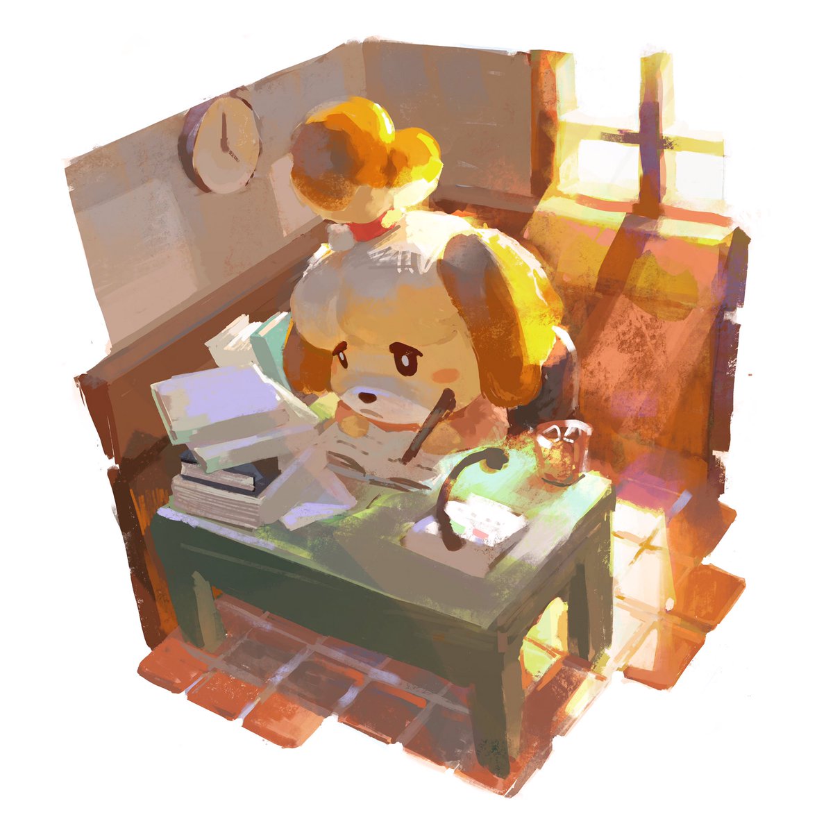 isabelle (animal crossing) paper desk window 1girl clock indoors cup