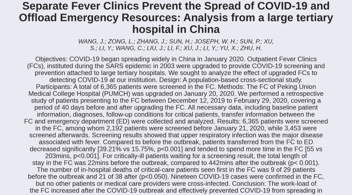 Covid 19 Arxiv 𝗧𝗶𝘁𝗹𝗲 Separate Fever Clinics Prevent The Spread Of Covid 19 And Offload Emergency Resources Analysis From A Large Tertiary Hospital In China 𝗔𝘂𝘁𝗵𝗼𝗿𝘀 Wang J Zong L Zhang J Sun