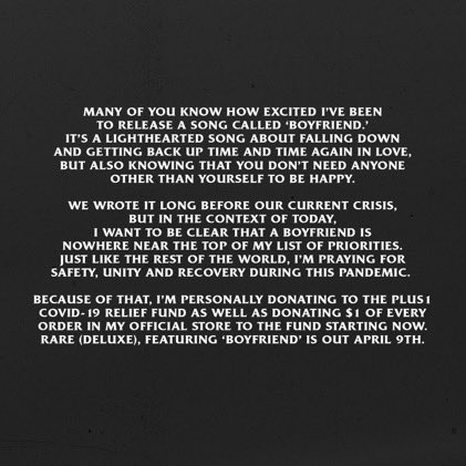 SelenaFanClub's tweet photo. The deluxe version of Rare, featuring ‘Boyfriend’ and more, is out April 9th 🖤 $1 of every order in @selenagomez’s official store will be donated to the Plus 1 COVID-19 Relief Fund. Pre-save and order now. https://t.co/WgVmc86RHm https://t.co/OxM5ptii6p