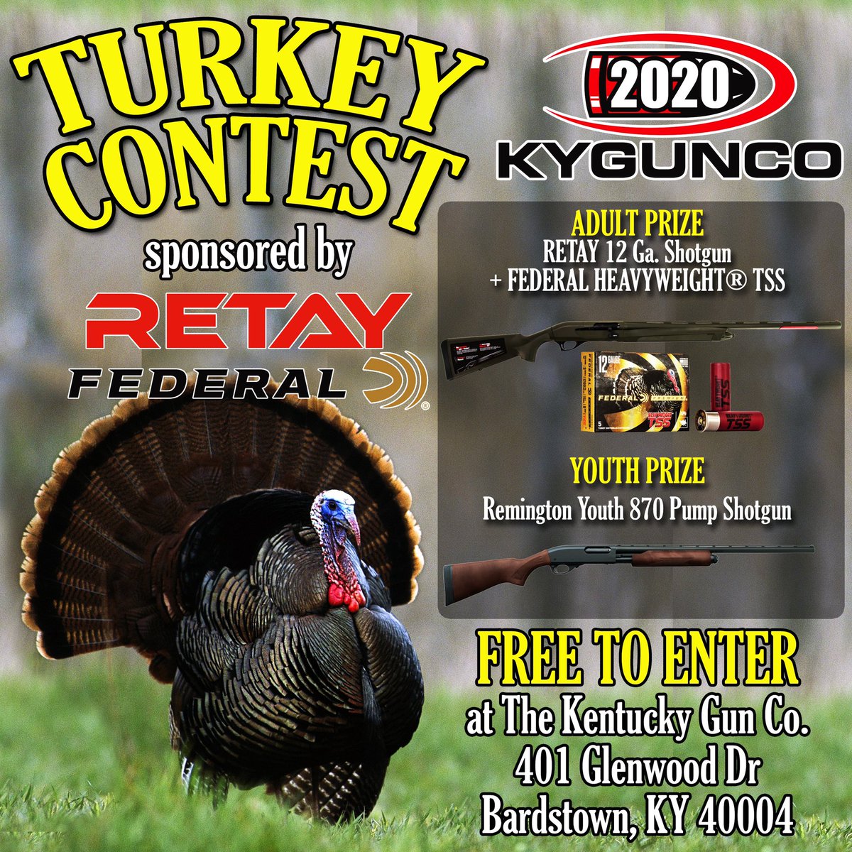 KYGUNCO's tweet photo. When you hit the woods this #turkeyseason don't forget the @kygunco #TurkeyContest sponsored by @retayarms &amp; @FederalPremium! And of course we have everything  you need for #hunting #turkey in store or online at https://t.co/aSHuKKQ6yA https://t.co/hfyhESl2hD