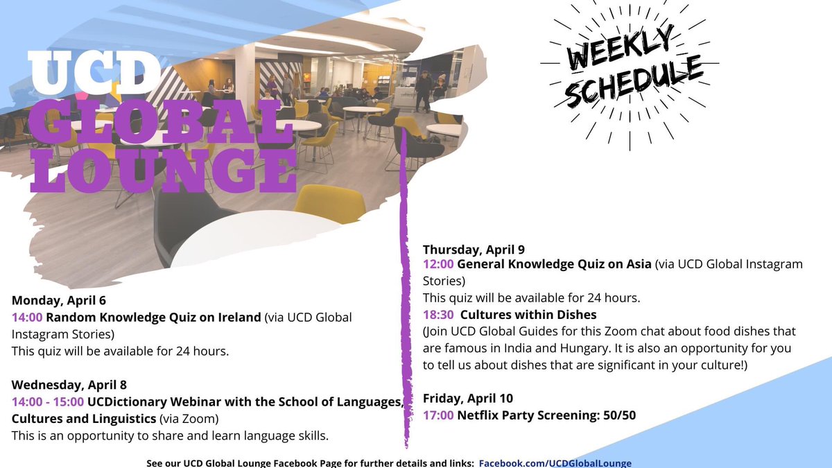 Great line up of events this week as part of our #virtualgloballounge Join us online to #stayconnected with students &amp; staff <a href="/ucddublin/">University College Dublin</a>