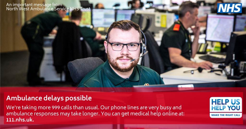 NWAmbulance's tweet photo. Our phone lines are extremely busy right now which means ambulance responses may take longer. Only call 999 in a life-threatening emergency. For medical help online use NHS 111 https://t.co/uCYuK68kHX https://t.co/CczzPaGXUt
