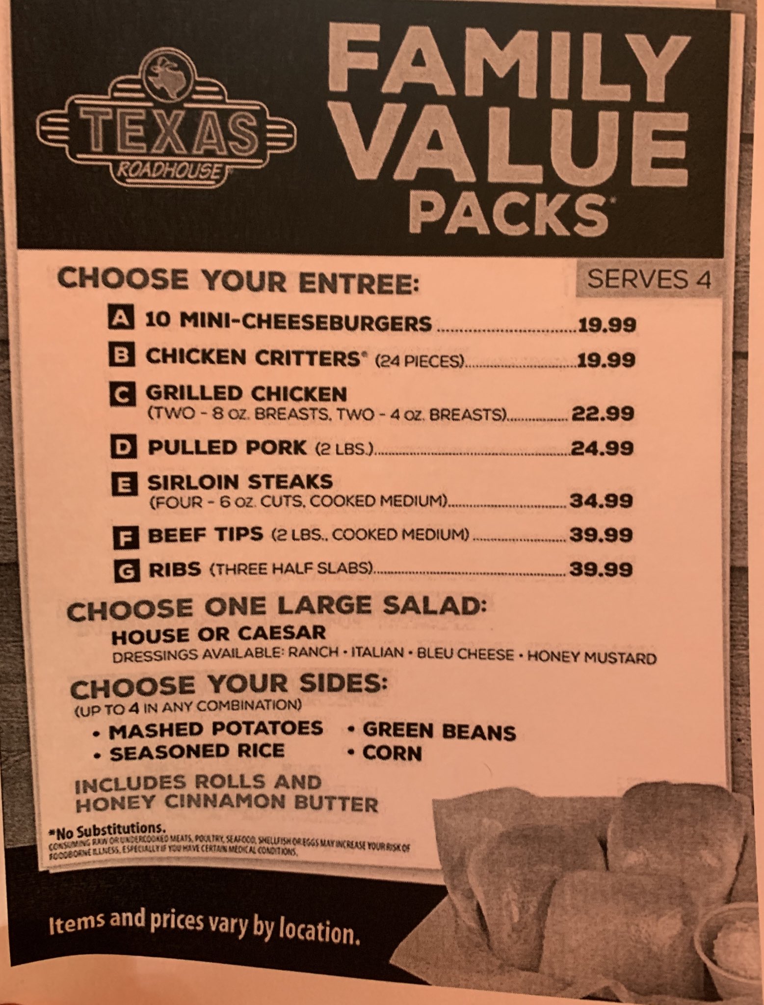 Texas roadhouse family pack cheap menu