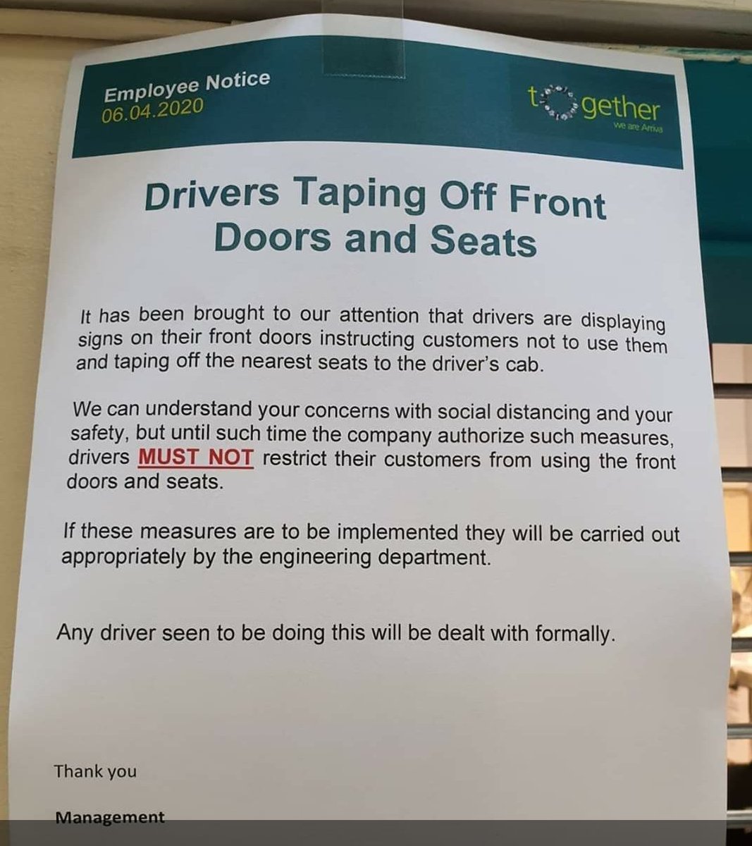 Arriva has warned employees off taking measures to enforce govt social distancing guidance - such as taping off seats - where the company has allegedly been failing to. "Any driver seen to be doing this will be dealt with formally," it said. 8 bus drivers have died from Covid-19.