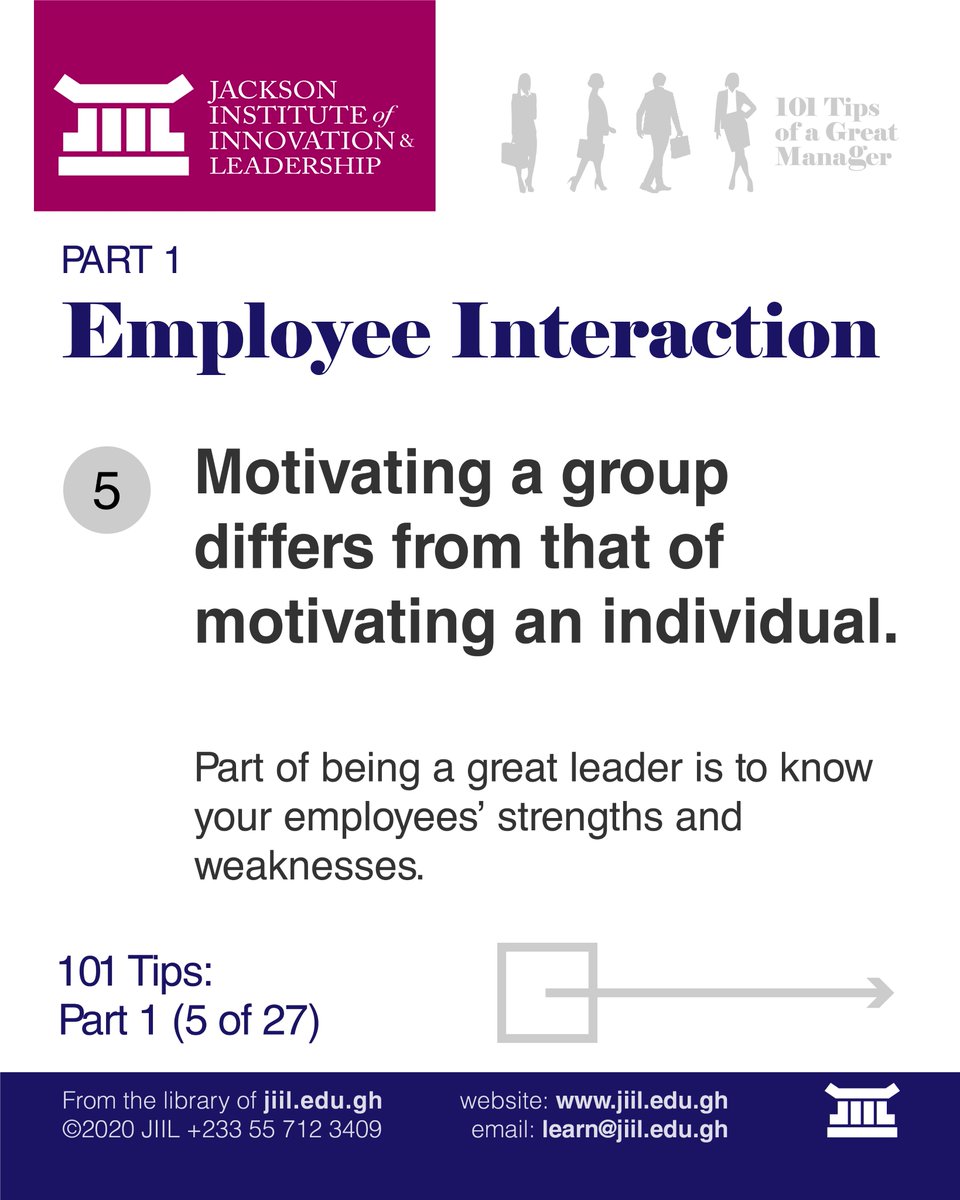 JiilEduGh's tweet image. 101 Tips of a Great Manager

#Tip5 #Slide1

#MotivatingAnIndividual 
#101Tips #Manager #Employee #GreatManager #Leader #JIIL #LearnatJIIL #employer #workplace #LeadershipLessons  #staff #Motivation  #innovation #business #leadership #businessschool #school #manager #businessowner