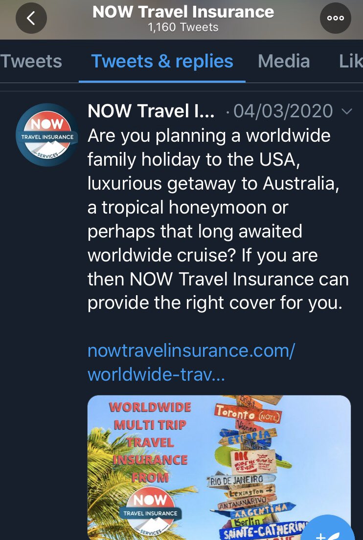 AlanHoddo's tweet image. 2/2 @NOWTravelIns if that’s the case, why did you sell me insurance?  Here’s your Twitter ad 4 Mar, 7 days after you sold me mine, scamming people’s money. #travelinsurance @BBCTravelShow @insuranceombud @BBCWatchdog #insuranceripoff #nonpayers