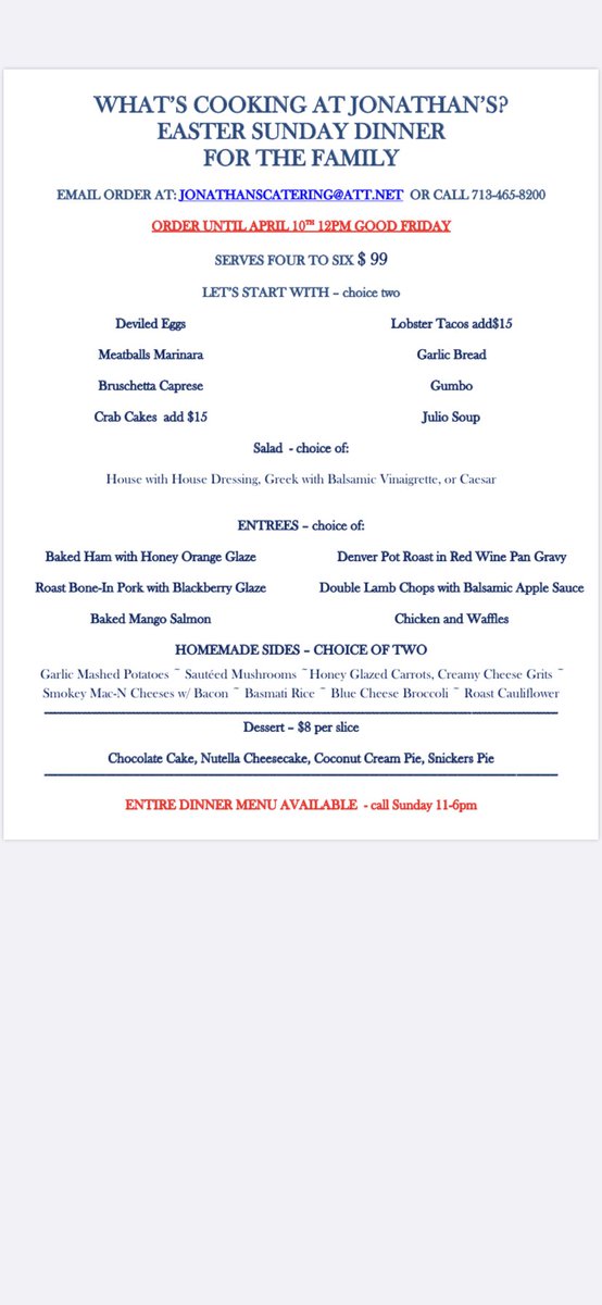 Easter Family Meal Menu!!! Beer and Wine also 25% off!!!
