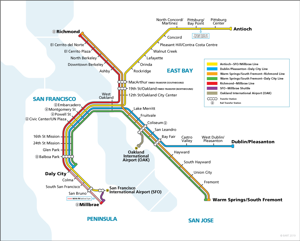 On weekday evenings, BART will end direct Red and Green line service to/from SF early. Yellow, Blue and Orange lines will run until 9pm closure.This change allows for longer work window for power cable replacement in SF. Trains will single-track in SF around 8pm on weekdays.