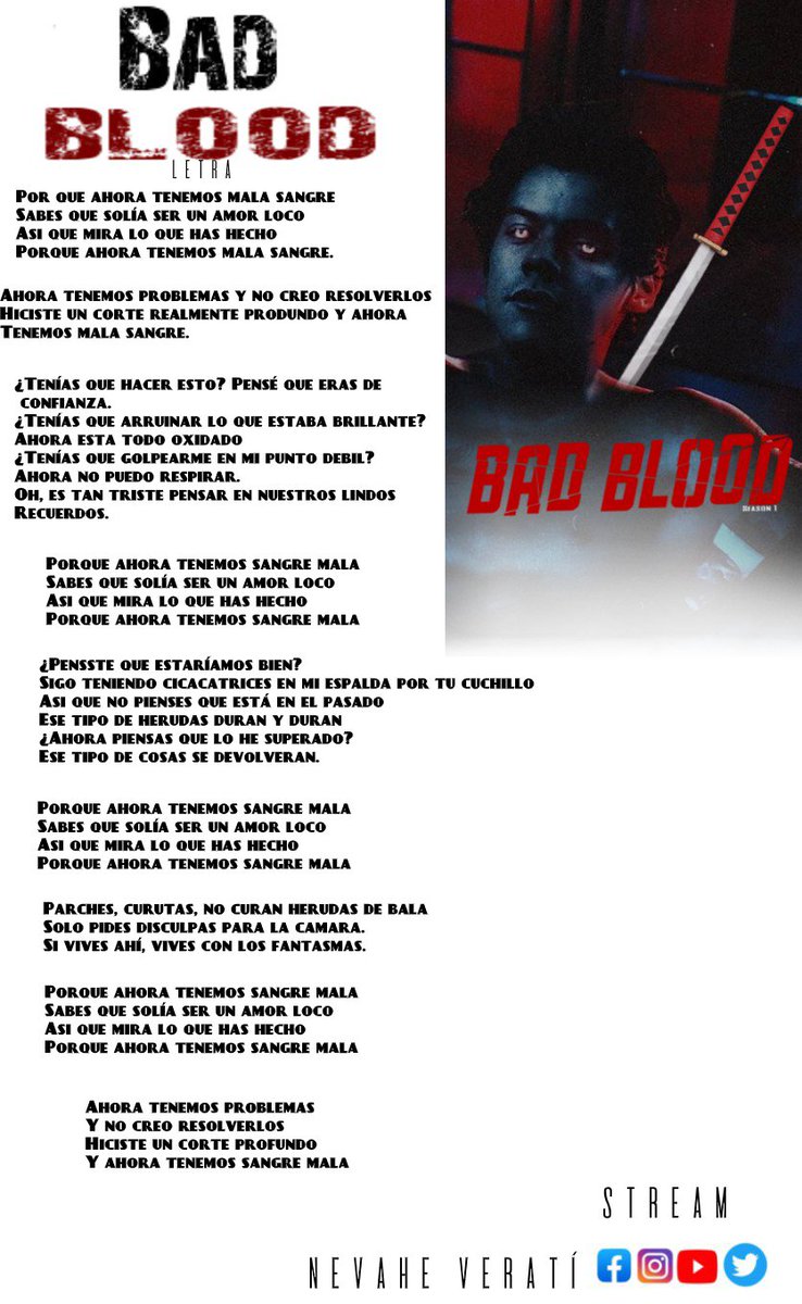 manjirotic's tweet photo. ➠ 𝑩𝑨𝑫 𝑩𝑳𝑶𝑶𝑫 MUSIC VIDEO.

Aquí les dejo algunas cositas sobre mi nuevo sencillo "Bad blood" el cuál se estrenó hoy. 

Abajito les dejo la letra a la cual le puse mucho empeño. 

 -  - muchas gracias a @xspideywebs 
@amorbravio @visnetroseRe por su participación.

TPWK. https://t.co/XoSTnGlicn