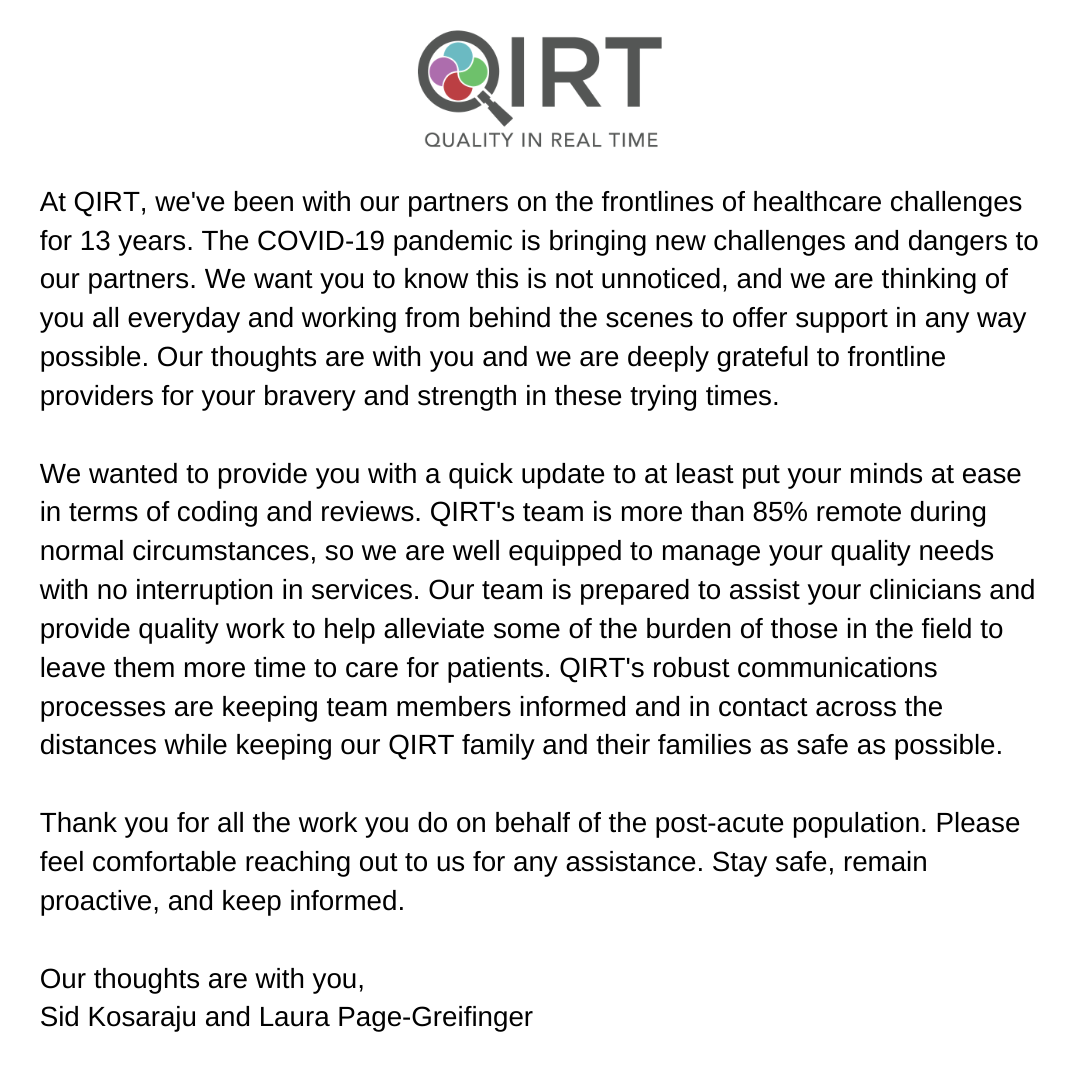 QIRTClinical's tweet photo. Our thoughts & prayers are with everyone during this uncertain time - CEO Sid Kosaraju & Chairman Laura Page-Greifinger.
As always, QIRT is your ready and willing partner in quality.
#QIRT #QualityAtAllTimes https://t.co/18g9Trj291