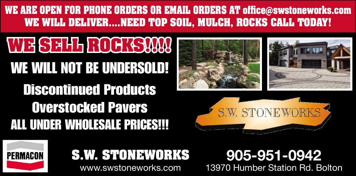 SWStoneworks's tweet photo. We are open for orders! Call 905-951-0942 for more information! #Bolton #Caledon #KingTownship #NewTecumseth #Alliston #swstoneworks #interlockingstone #landscapeconstruction #landscapesolutions #pavingstones #paverstones #interlocksupplier #homeinprovement #outdooroasis https://t.co/PRhjWo62sY
