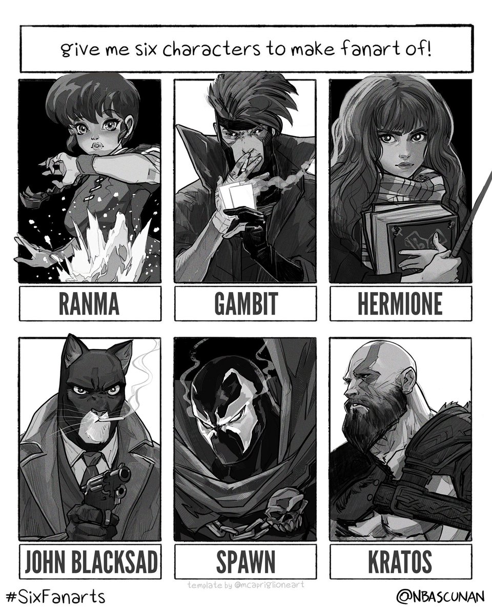 Had fun with this! bases on suggestions by you guys ? #sixfanarts challenge created by @mcapriglioneart
#Ranma #gambit #hermionegranger #blacksad
#Spawn #kratos #SixFanartsChallenge 