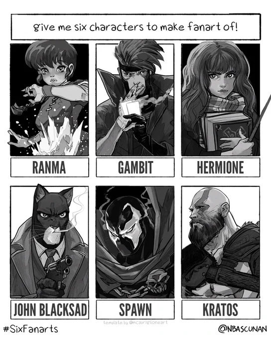 Had fun with this! bases on suggestions by you guys ? #sixfanarts challenge created by @mcapriglioneart
#Ranma #gambit #hermionegranger #blacksad
#Spawn #kratos #SixFanartsChallenge 