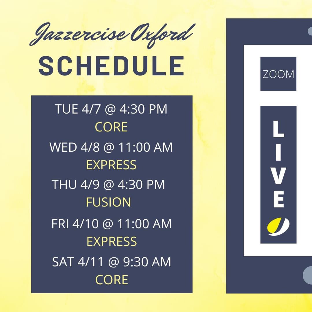 JazzOxfordMA's tweet photo. Here’s our live workout schedule for members for this week! Looking forward to another week of staying connected and staying healthy! #JazzerciseLive #JazzerciseAtHome 💛🎶☺️ https://t.co/lUbeeWIRJp