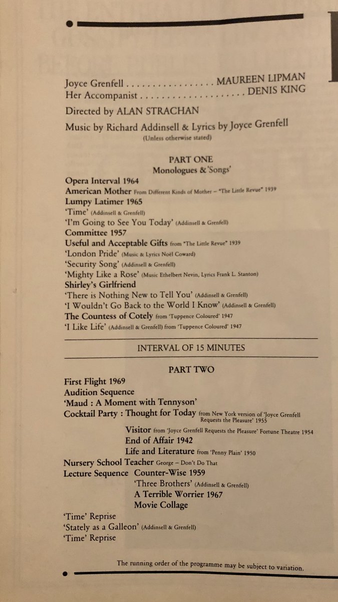 Today's  #DudleysProgrammes pick is  #ReJoyce at  @FortuneTheatre1 in 1988. #MaureenLipman co-wrote & performed this one-woman show celebrating the life, songs & writing of  #JoyceGrenfell. She was accompanied by  #DenisKing (best known for  #PrivatesOnParade).