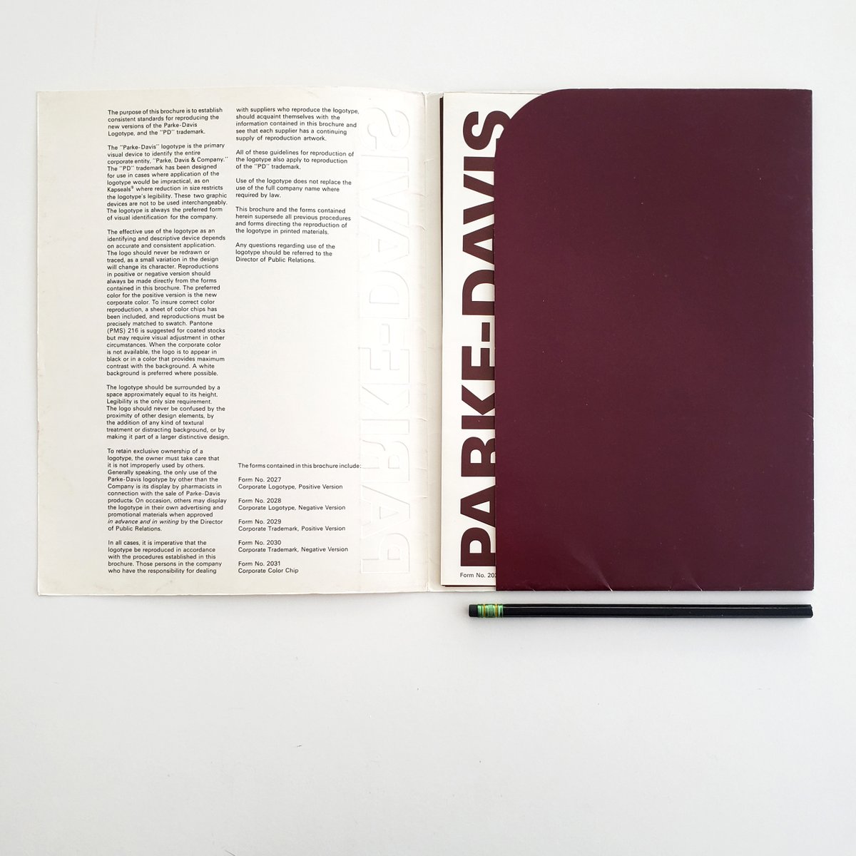VignelliCenter's tweet photo. It's #ManualsMonday! Every (almost) Monday we share a #StandardsManual from the #archives! Corporate Logotype &amp; Trademark Standards for Parke-Davis, 1969, by Harri Boller of Unimark.  #DesignArchives More: https://t.co/1ppZdP14uI https://t.co/5X0Go508Kv