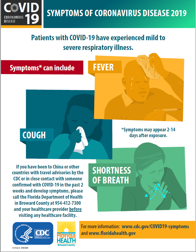 CityofMiramar's tweet photo. Here are some more details on the symptoms of Coronavirus provided by the CDC. Please share! The City of Miramar is continuing to take safety measures and precautions to prevent the spread of coronavirus.  For updates, please visit https://t.co/OFTZIaGd5N. https://t.co/ASCt93grUm