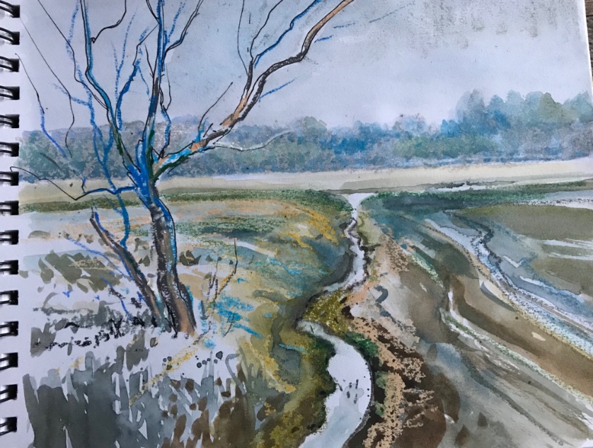 Developed a painting from an earlier sketch of flooded fields in February. Acrylic on canvas.