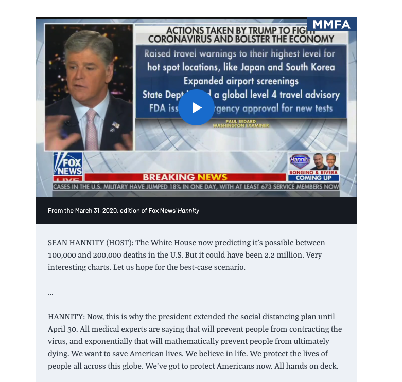 By March 31, Hannity had shifted the goalposts so far that anything less than 2.2 million US deaths was a victory for Trump  https://www.mediamatters.org/coronavirus-covid-19/sean-hannity-declares-trump-travel-ban-without-doubt-single-most-consequential