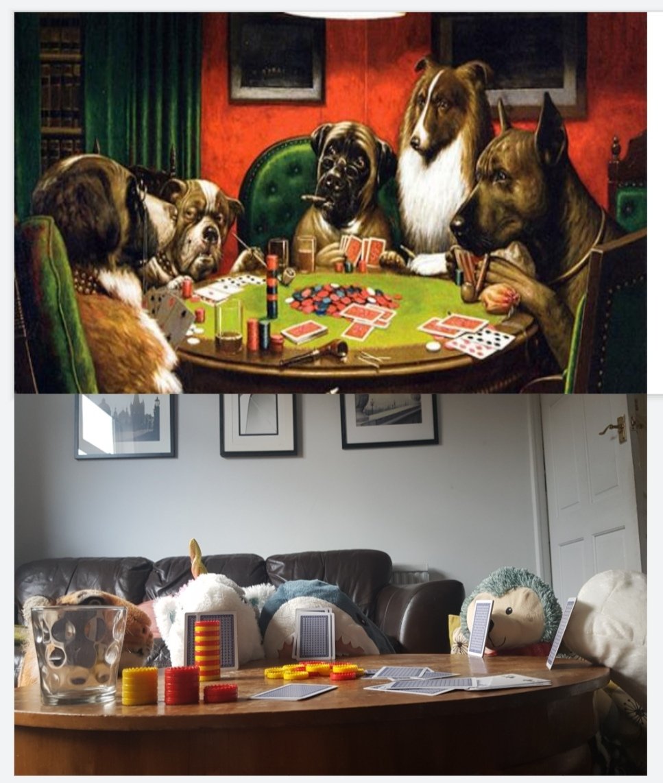 Students at home putting smiles on people's faces using Art. Evangeline from 7EWI recreates Dogs Playing Poker, by Cassius Marcellus. #artoflockdown <a href="/GettyMuseum/">Getty</a> <a href="/TrinityHighMcr/">Trinity High</a> <a href="/MENnewsdesk/">Manchester News MEN</a> let's see if we get more students trying it