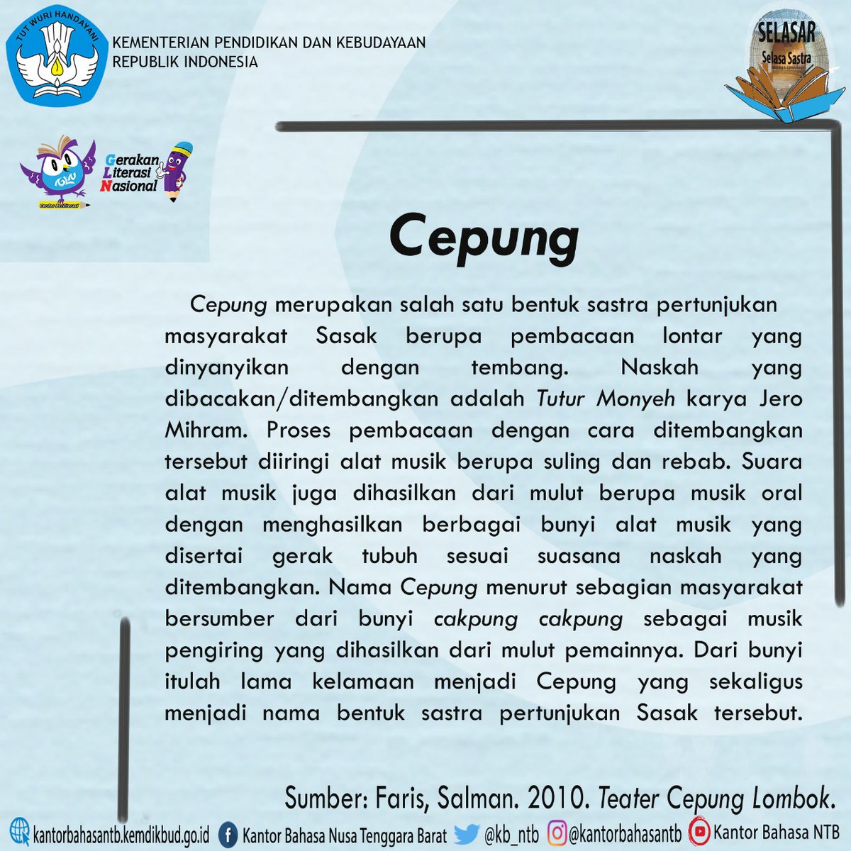 kb_ntb's tweet photo. #SelasaSastra
Konten #Selasar hari ini untuk #SahabatBahasa dan #SahabatDikbud, yaitu pertunjukan Cepung dalam masyakat Sasak (Lombok). https://t.co/zsZh6RsTmY