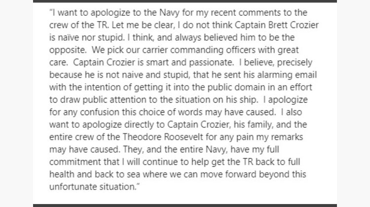  #UPDATE: After torrent of criticism over his remarks to U.S.S. Roosevelt crew, Acting Navy Secretary Thomas Modly apologizes in late Monday statement https://www.sfchronicle.com/bayarea/article/Navy-chief-blasts-air-carrier-captain-as-too-15181872.php  @sfchronicle  @TalKopan  @joegarofoli