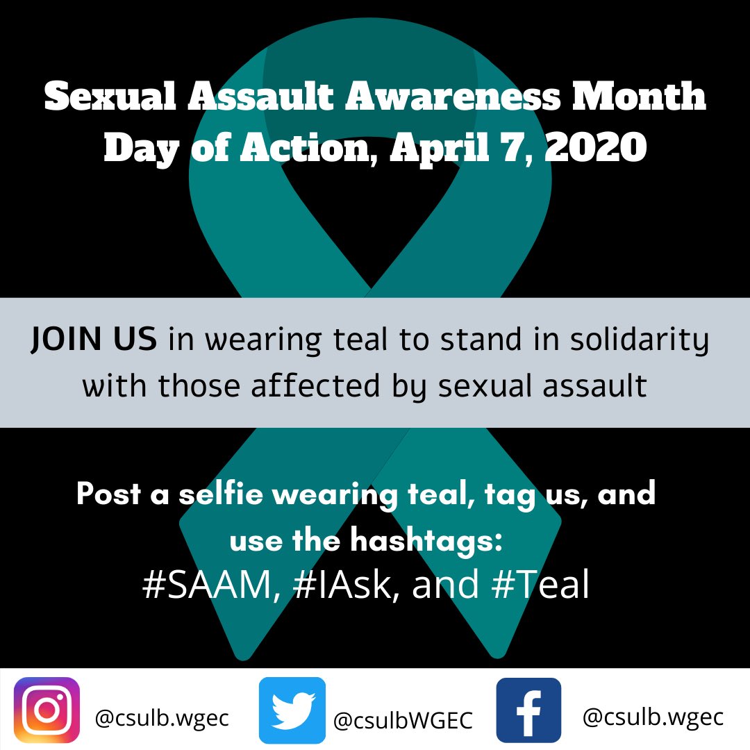 csulbWGEC's tweet photo. Teal is the color of sexual assault awareness and prevention. Join us in showing solidarity with those affected by sexual assault and encourage others to join the conversation. Don’t forget to tag us in your selfie! #wgec #csulb #SAAM #IAsk #Teal #WearTealFor https://t.co/jgIkYSUIa1