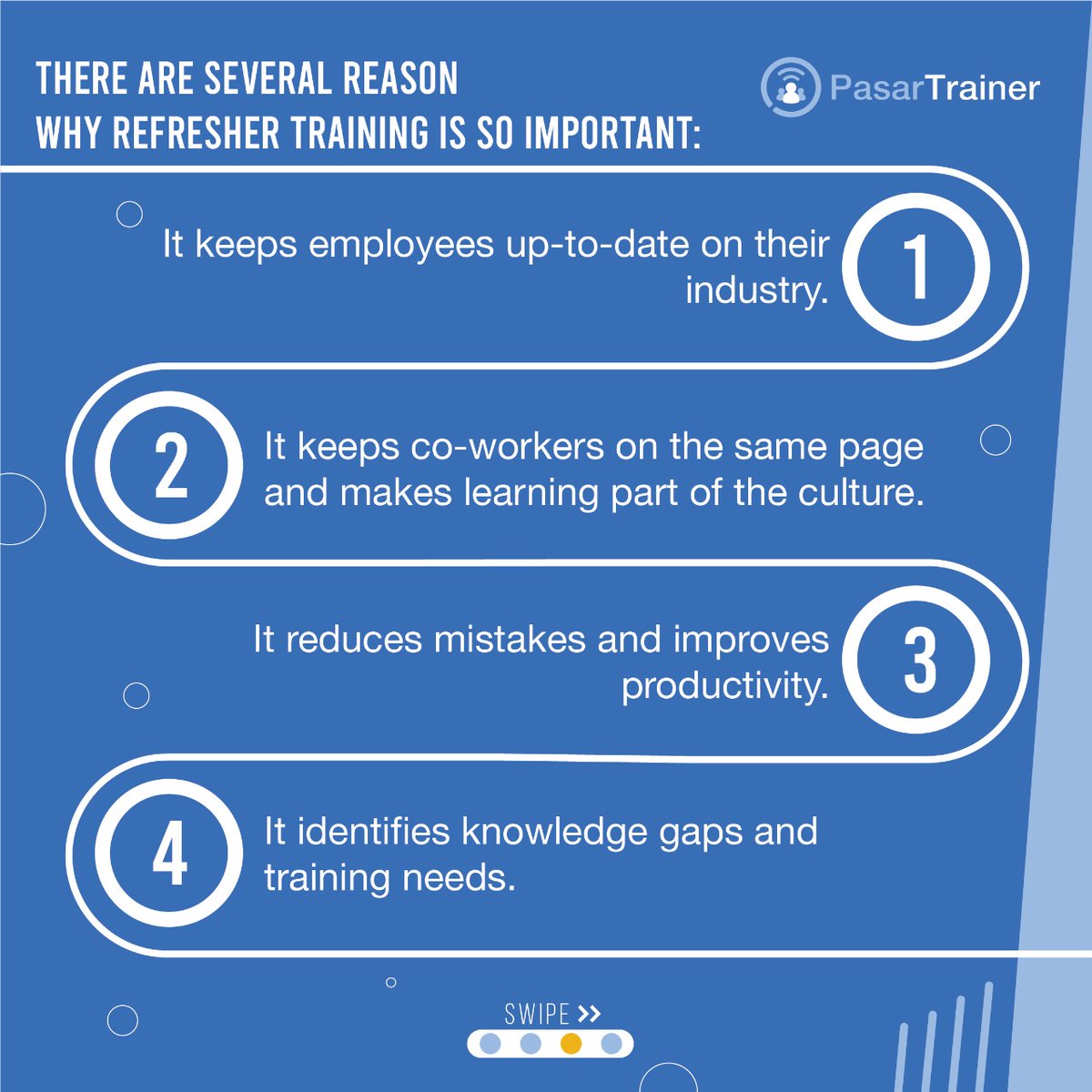 PasarTrainer's tweet image. Employees always play an important role in the organization. To continue to play their role, job-related upskilling is important. One way to do that is by enrolling in refresher programs.
#pasartrainer #Refreshertraining #BSMRcertification #BSMR #trainingprovider #trainingjakarta