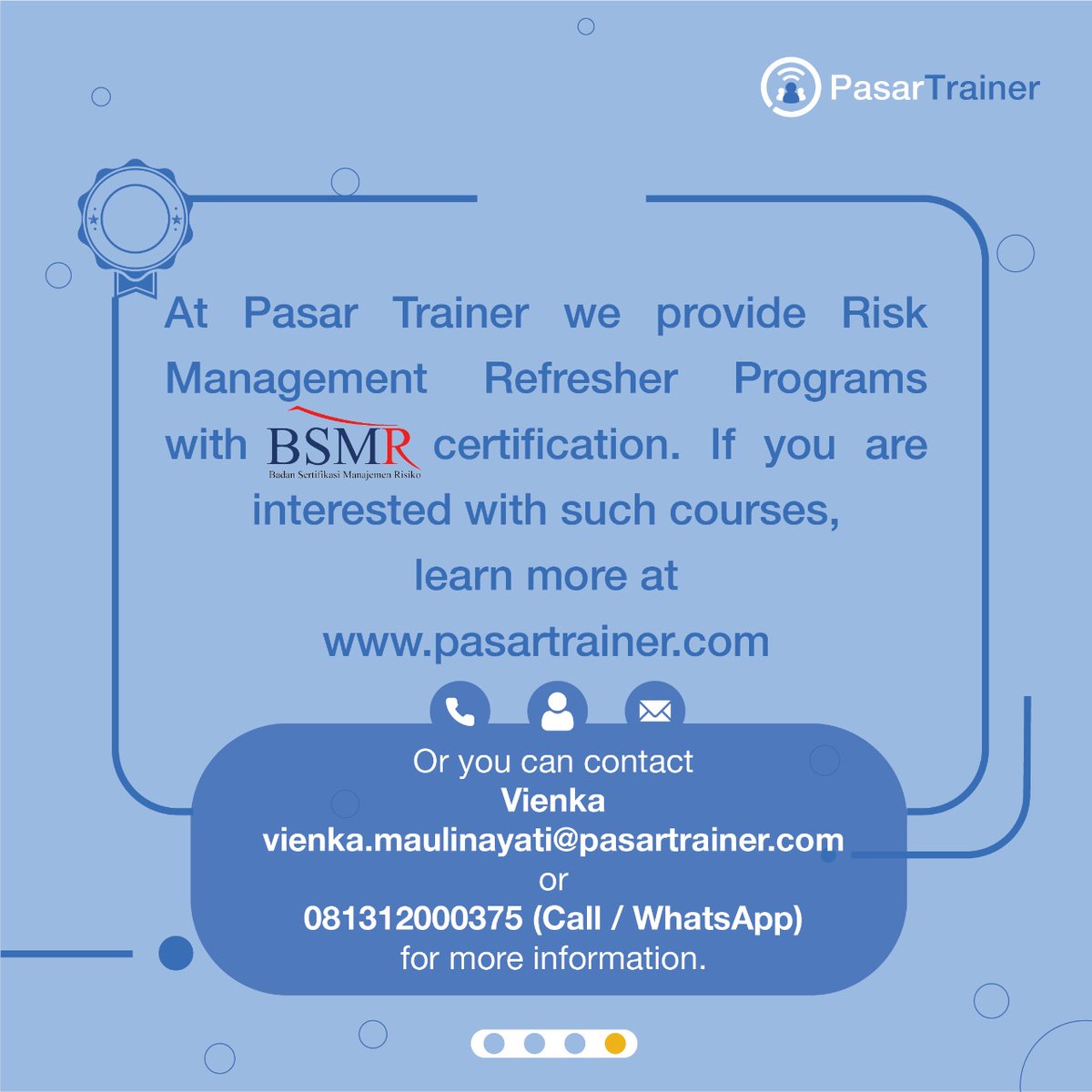 PasarTrainer's tweet image. Employees always play an important role in the organization. To continue to play their role, job-related upskilling is important. One way to do that is by enrolling in refresher programs.
#pasartrainer #Refreshertraining #BSMRcertification #BSMR #trainingprovider #trainingjakarta