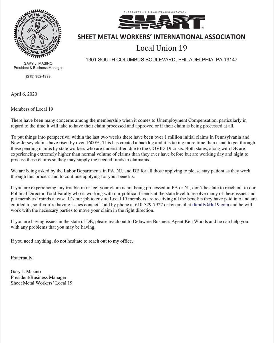 Local 19 members, provided is a statement regarding the pace of unemployment claims within our territory. And avenues for support if you are having issues with your claim. Please see the letter from President Masino below for more details. 

Thank you and stay safe.

#local19