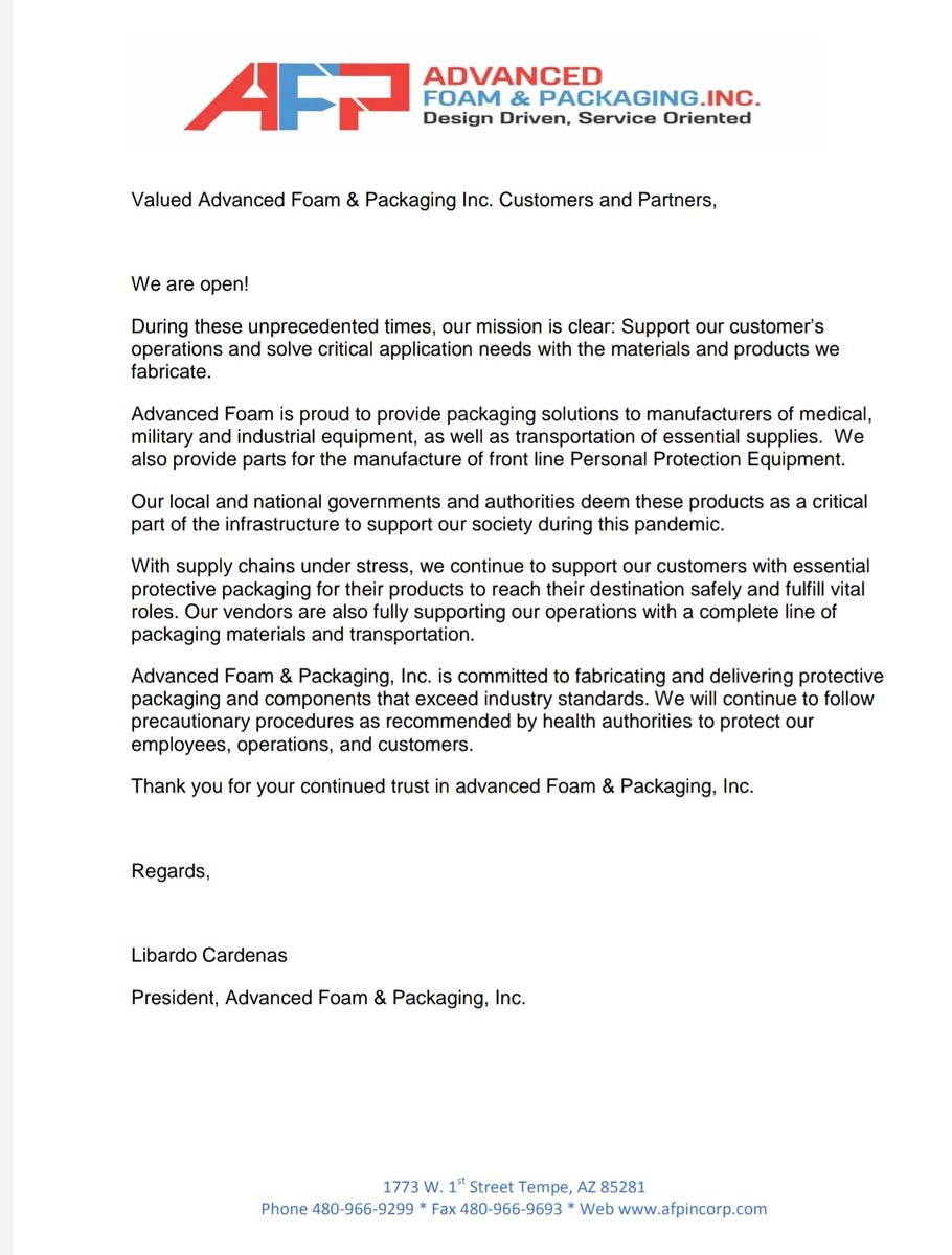 advanced_foam's tweet image. We are open for business supporting our customers during the COVID-19 pandemic! 
Visit afpincorp.com