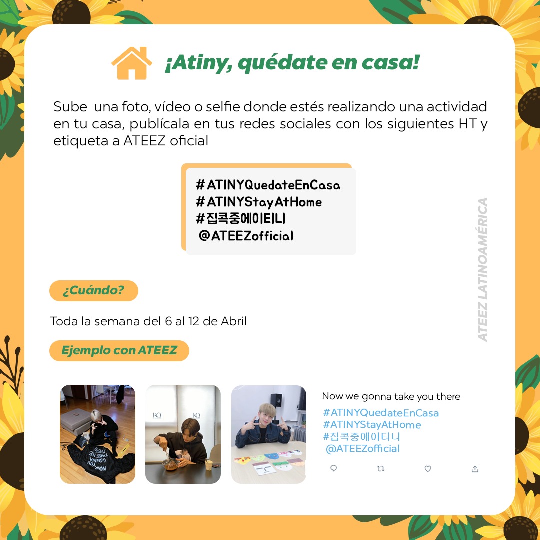 ateez_mexico's tweet photo. Atiny💕 ATEEZ LATAM te invita a participar en este pequeño proyecto:
Selca> Foto> Video donde estés realizando una actividad en tu casa! Leer libros,bailar,cantar,cocinar,etc...
Con los HT:
#ATINYQuedateEnCasa
#ATINYStayAtHome
#집콕중에이티니
📌Menciona:@ATEEZofficial

6-12 abril https://t.co/hkuNJUVQMf