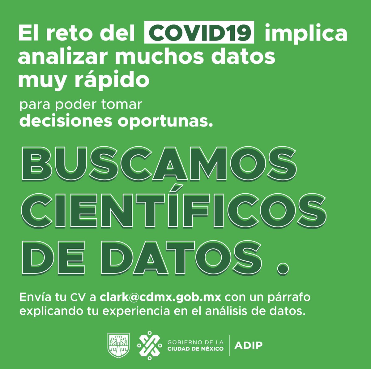 Ayúdanos a generar información estadística oportuna sobre el COVID-19.

Envía tu CV a clark@cdmx.gob.mx con un párrafo explicando tu experiencia en el análisis de datos.
👇