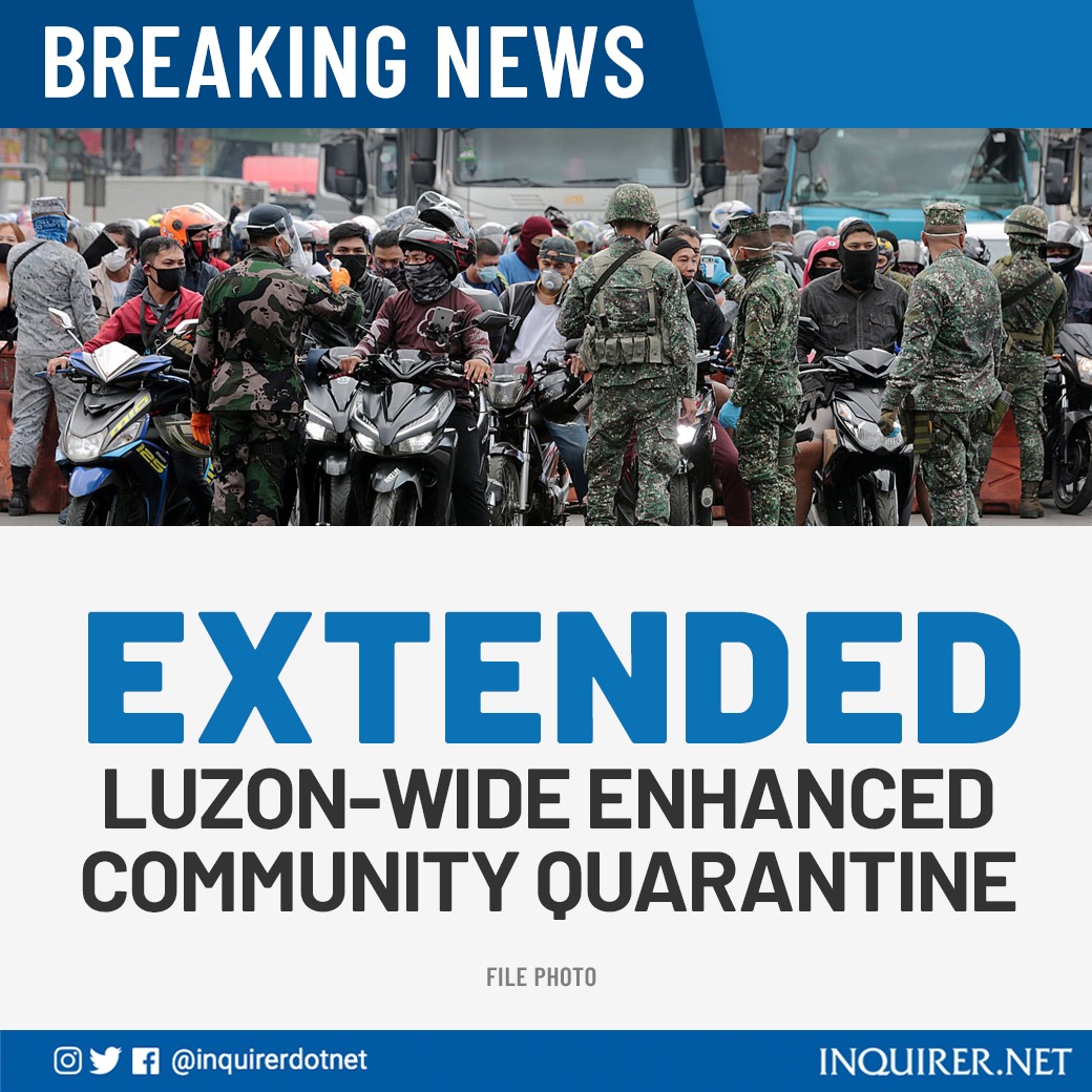 Inquirer (@inquirerdotnet) on Twitter photo BREAKING: President Duterte has approved the extension of the Luzon-wide enhanced community quarantine until April 30, IATF spokesperson and Cabinet Secretary Karlo Nograles says. | <a href="/KAguilarINQ/">Krissy Aguilar</a> BREAKING: President Duterte has approved the extension of the Luzon-wide enhanced community quarantine until April 30, IATF spokesperson and Cabinet Secretary Karlo Nograles says. | <a href="/KAguilarINQ/">Krissy Aguilar</a>