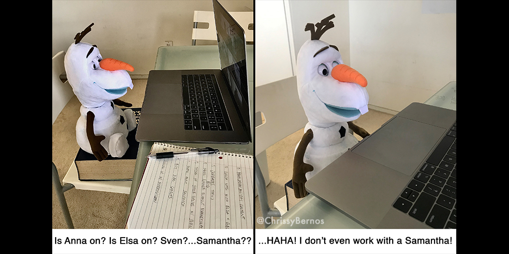 ChrissyBernos's tweet photo. Week 4 of Working from Home...not sure if I can make it thru another one of my roommate's conf calls. #AtHomeWithOlaf #DisneyMagicMoments @joshgad #Quarantine #WorkFromHome https://t.co/IMXTjZPxlb
