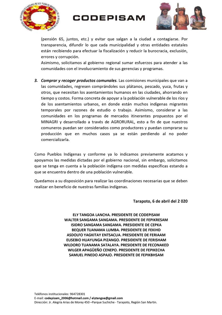 CODEPISAM1's tweet photo. LA AMAZONÍA INDÍGENA ESTÁ EN EMERGENCIA

CODEPISAM publica la siguiente carta abierta dirigida a las autoridades regionales ante la grave situación que afrontan los pueblos indígenas de la región San Martín. https://t.co/tev9oDqHo7