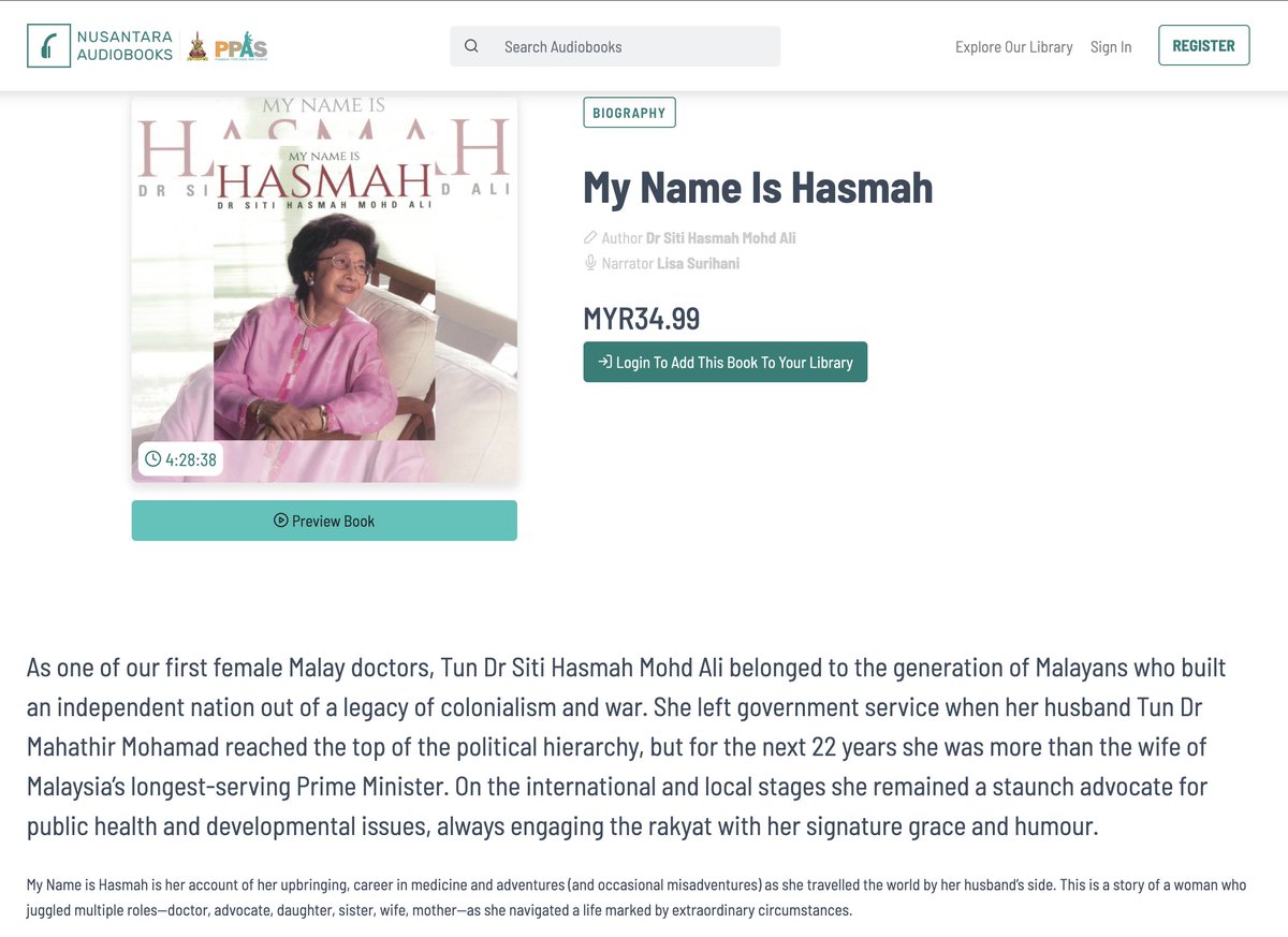 Listen to the amazing <a href="/tonyeusoff/">tony eusoff</a>  bringing Tun Mahathir's story to life! Also available is Tun Siti Hasmah's autobiography narrated by the graceful <a href="/LisaSurihani/">Lisa Surihani</a> 

Get it now to enjoy a 50% discount on all audiobooks!