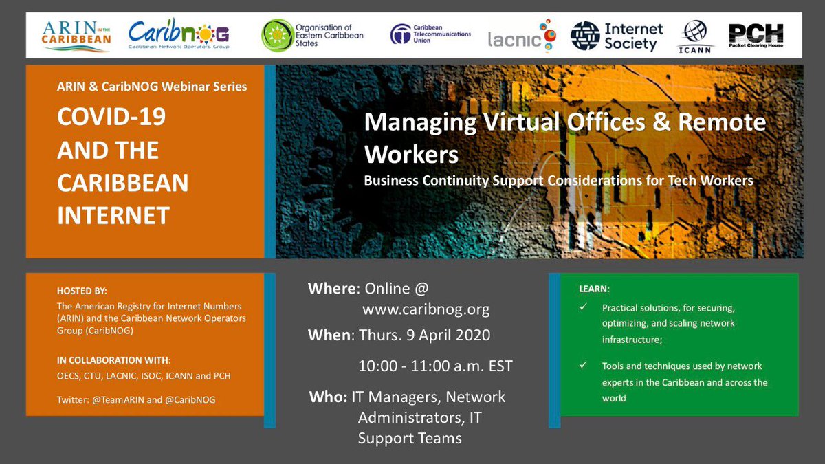 GerardBest's tweet photo. .@CaribNOG and @TeamARIN launch webinar series on #COVID19 and the Caribbean Internet, in collaboration with @oecscommission, @TheCtunion, @lacnic, @ISOC_LAC, @ICANN and @PCHglobal 
https://t.co/z4f1Mw5qSN https://t.co/rsLTS3y3tD