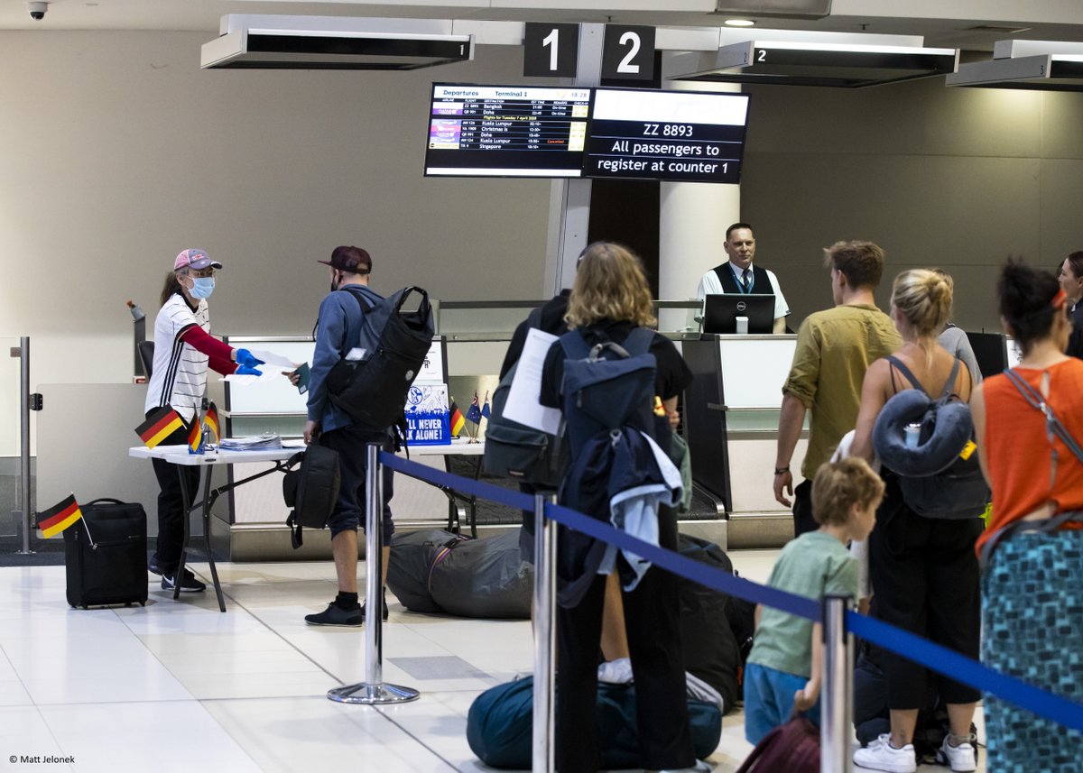 GermanyInOz's tweet photo. #Rückholaktion stop-over in #Perth to pick up travellers on the other side of the country en route from SYD to FRA. Shout out to our Honorary Consul in WA Dr Gabriele Maluga, her team &amp; ground-handling staff for their awesome efforts to get everyone on board. @AA_SicherReisen https://t.co/mvz18yfiUY