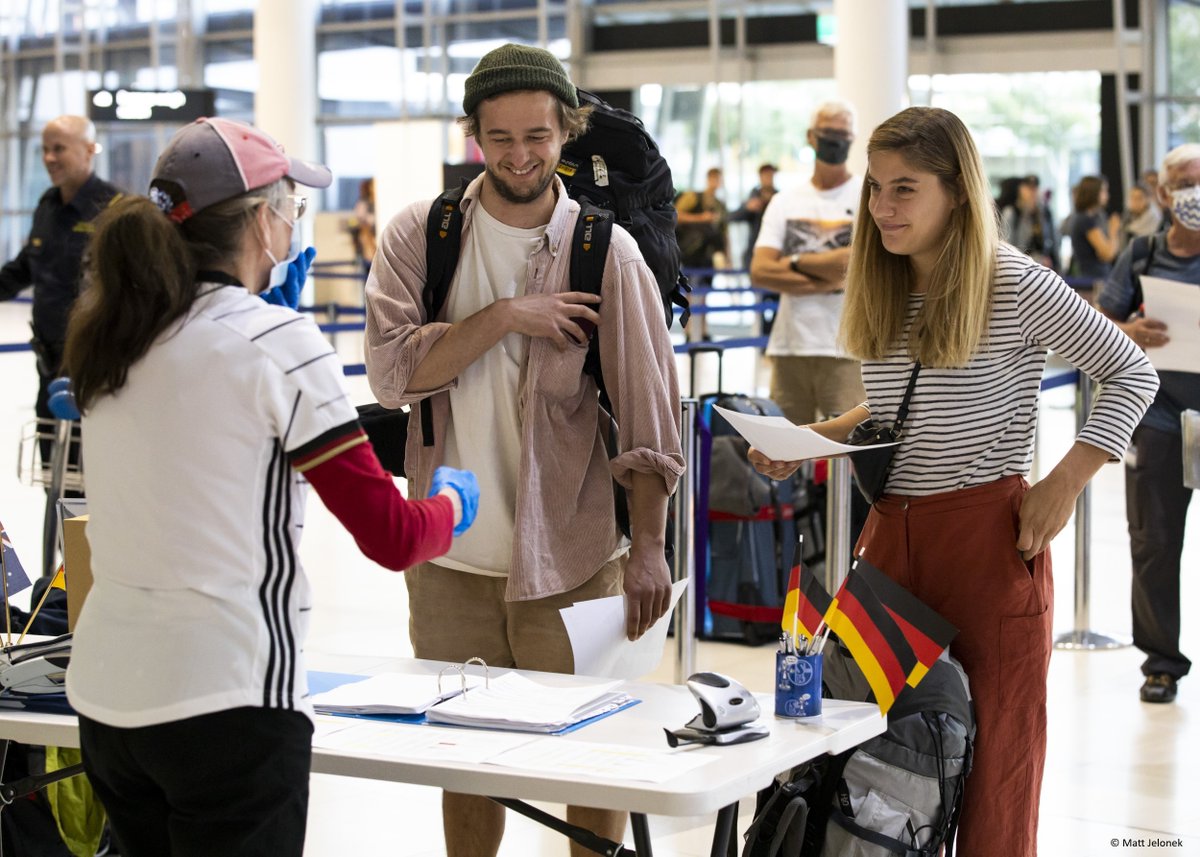 GermanyInOz's tweet photo. #Rückholaktion stop-over in #Perth to pick up travellers on the other side of the country en route from SYD to FRA. Shout out to our Honorary Consul in WA Dr Gabriele Maluga, her team &amp; ground-handling staff for their awesome efforts to get everyone on board. @AA_SicherReisen https://t.co/mvz18yfiUY