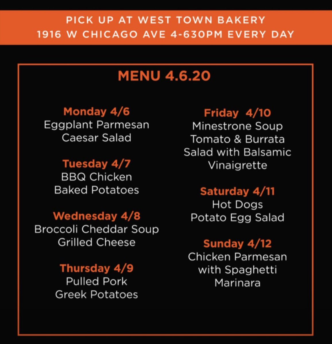This week's food donation menu for service industry workers at <a href="/WestTownBakery/">West Town Bakery</a> in partnership with <a href="/MakersMark/">Maker's Mark</a> and @InitiativeLee. We're here to help ♥️