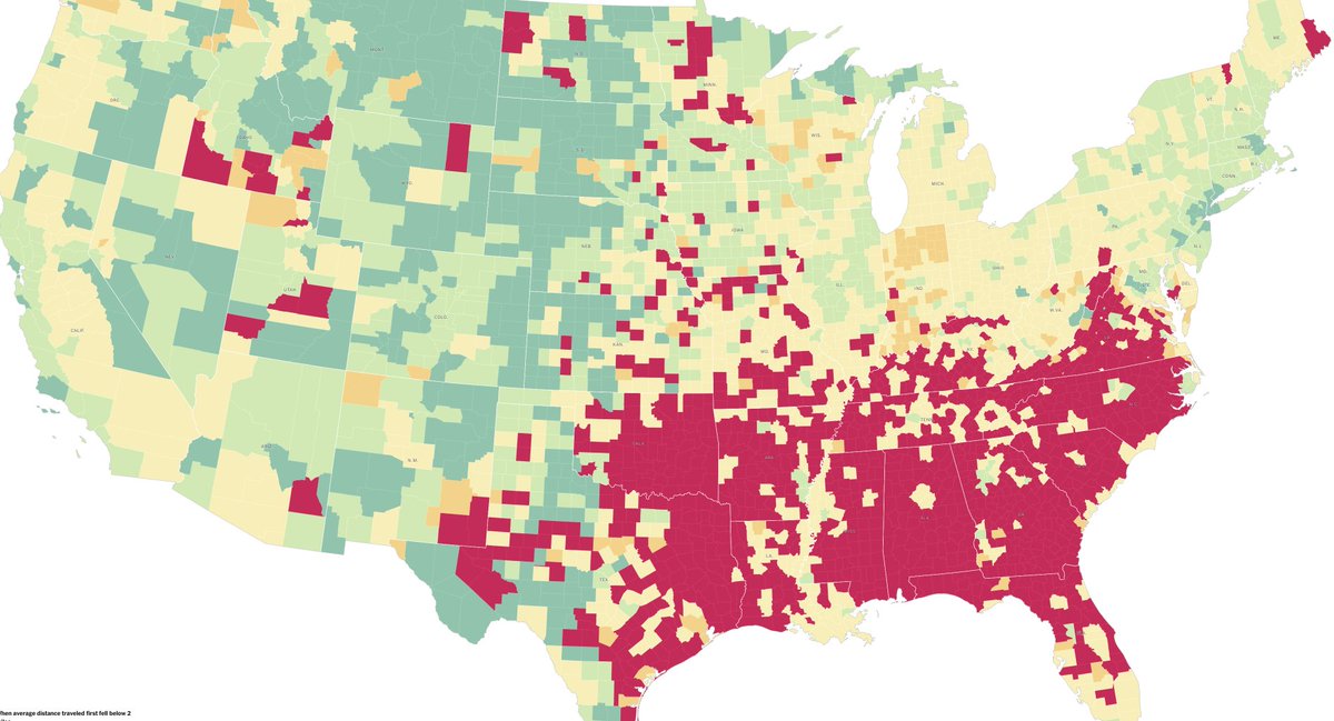 1. This map is from the Times. All the red parts show people who continue to travel despite the pandemic. The not-red parts show people who are sheltering in place.