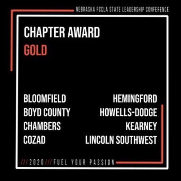 Congratulations to all our chapters receiving a Chapter Award! Within this award, chapters are able to showcase the incredible impact they’re making within their chapter, school, and community. We appreciate all that you do within Nebraska FCCLA! You all are truly amazing!