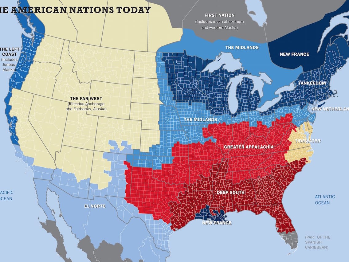 2. This map is from  @WoodardColin's American Nations: A History of the Eleven Rival Regional Cultures of North America. The red parts of the first map line up (mostly) with the red parts of his map, which shows “Greater Appalachia” and “Deep South.”